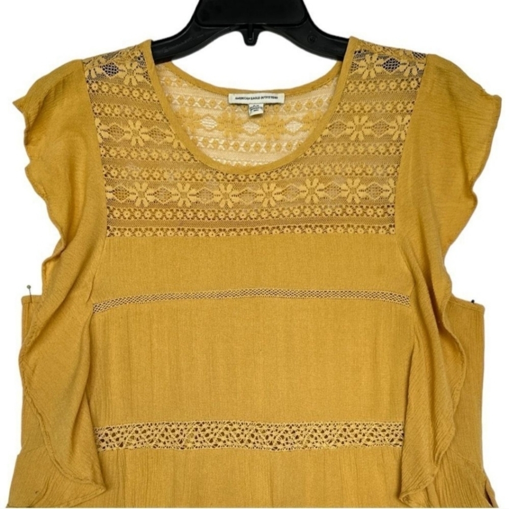 American Eagle lace up yellow mustard ruffles lightweight cotton blend top small - Picture 4 of 11